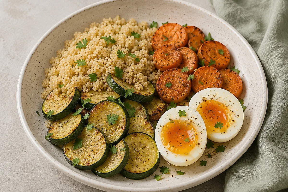Bowl with quinoa, soft-baked zucchini and carrot and a halved egg on a light surface.