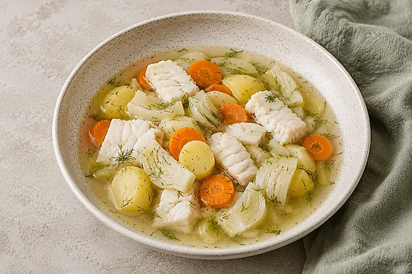 Clear fish soup with pieces of potato, carrot and fennel and tender fish in a light bowl.