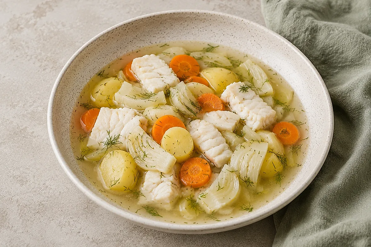 Clear fish soup with pieces of potato, carrot and fennel and tender fish in a light bowl.