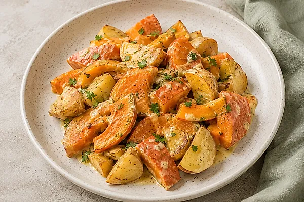 Pumpkin and potato cubes in a creamy pale sauce with parsley in a shallow pan.