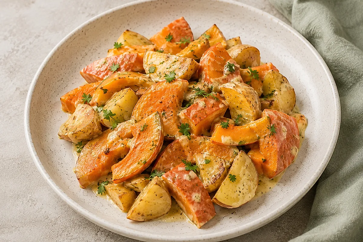 Pumpkin and potato cubes in a creamy pale sauce with parsley in a shallow pan.