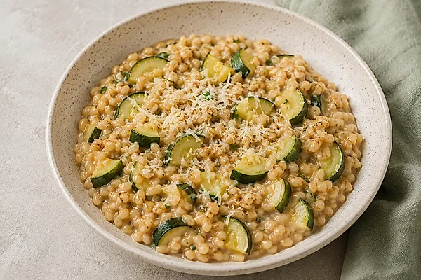 Creamy spelt risotto with soft zucchini cubes in a light shallow bowl.