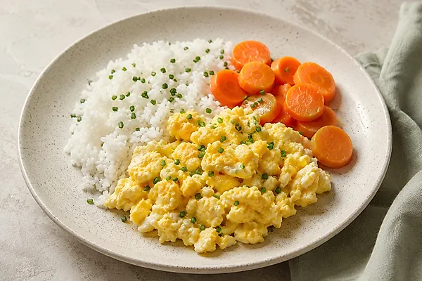 Rice with soft scrambled egg and steamed carrot slices, sprinkled with chives, on a light plate.