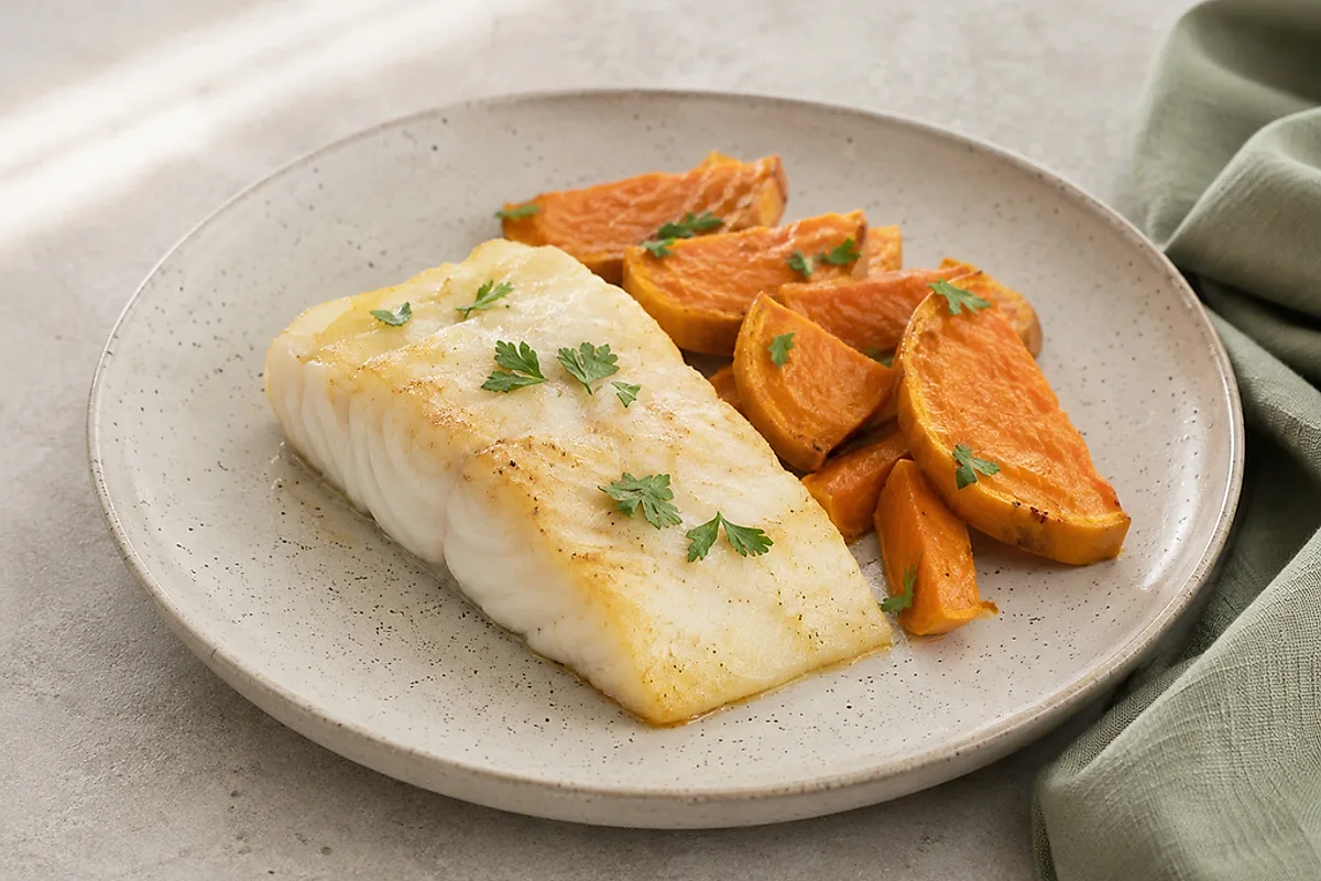 Baked cod fillet with soft sweet potato wedges and parsley on a light plate.