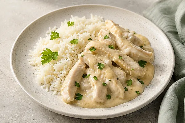 Turkey strips in a pale sauce next to basmati rice on a light plate.