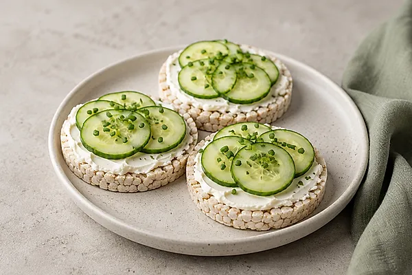 Two rice cakes with cream cheese and cucumber slices on a light plate.