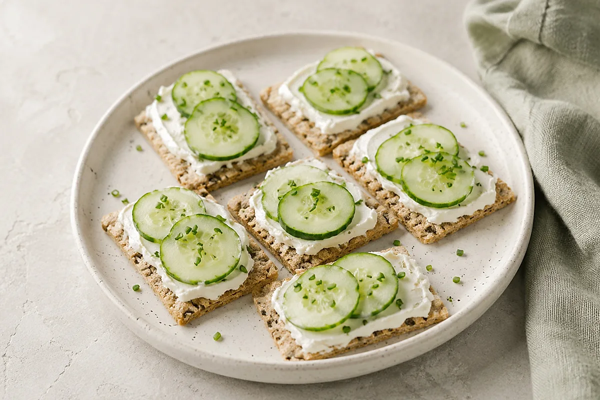 Four spelt crackers with cream cheese and thin cucumber slices on a light plate.