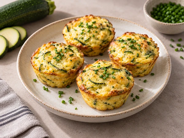 Golden scrambled-egg muffins flecked with green zucchini and chives in a muffin tin.