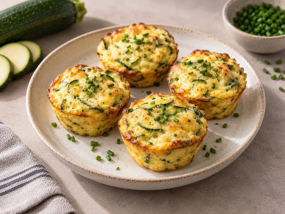 Golden scrambled-egg muffins flecked with green zucchini and chives in a muffin tin.