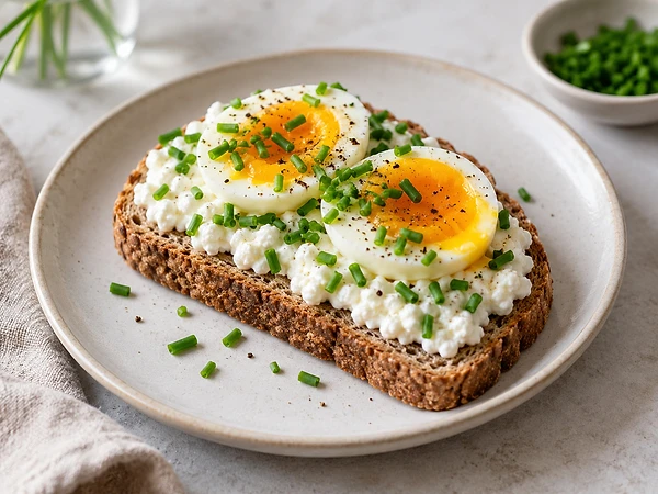 Two slices of spelt toast with cottage cheese and halved soft-boiled eggs, sprinkled with chives.