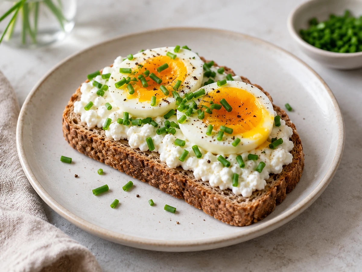 Two slices of spelt toast with cottage cheese and halved soft-boiled eggs, sprinkled with chives.
