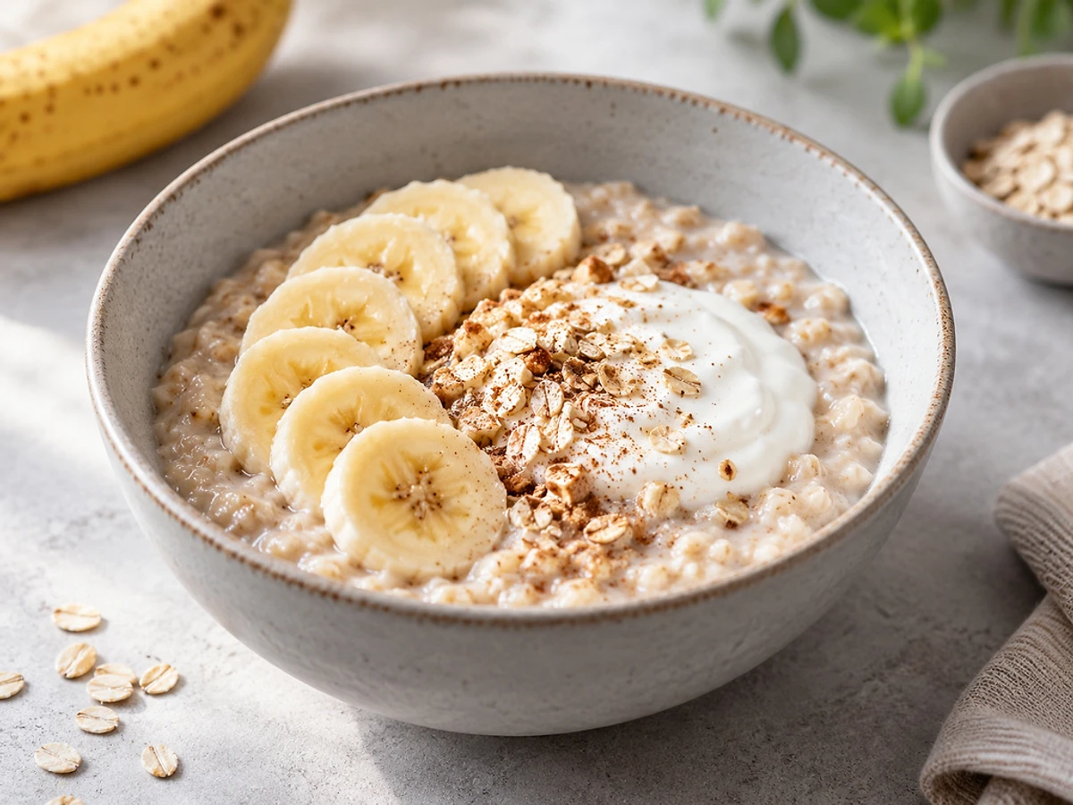 Bowl of creamy oat porridge with skyr stirred in and banana slices on top.