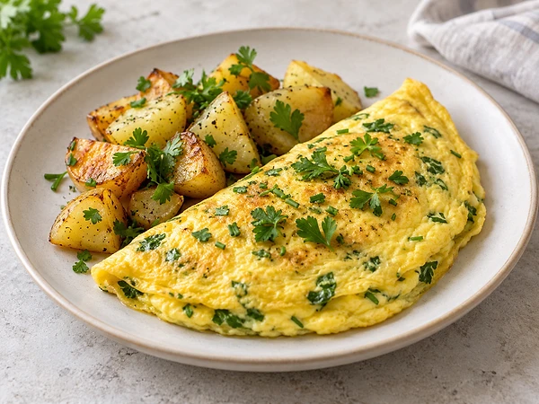 A soft herb omelette with potato cubes in a non-stick pan, scattered with parsley and chives.