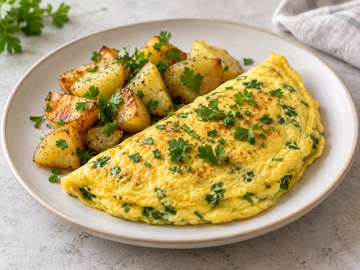 A soft herb omelette with potato cubes in a non-stick pan, scattered with parsley and chives.