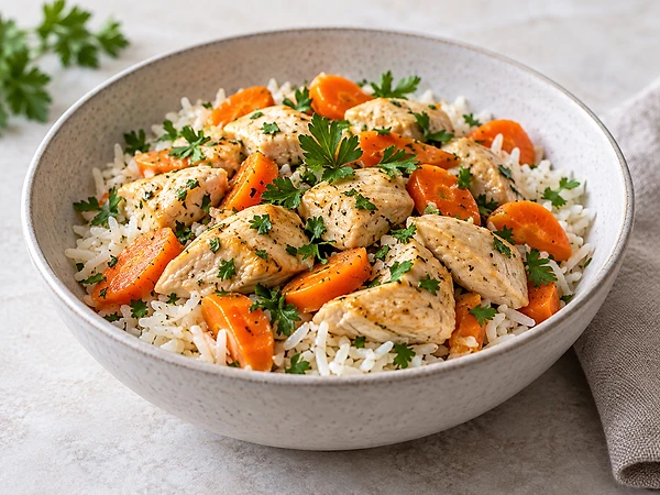 Bowl of white basmati rice with pale chicken pieces and orange carrot batons, scattered with parsley.