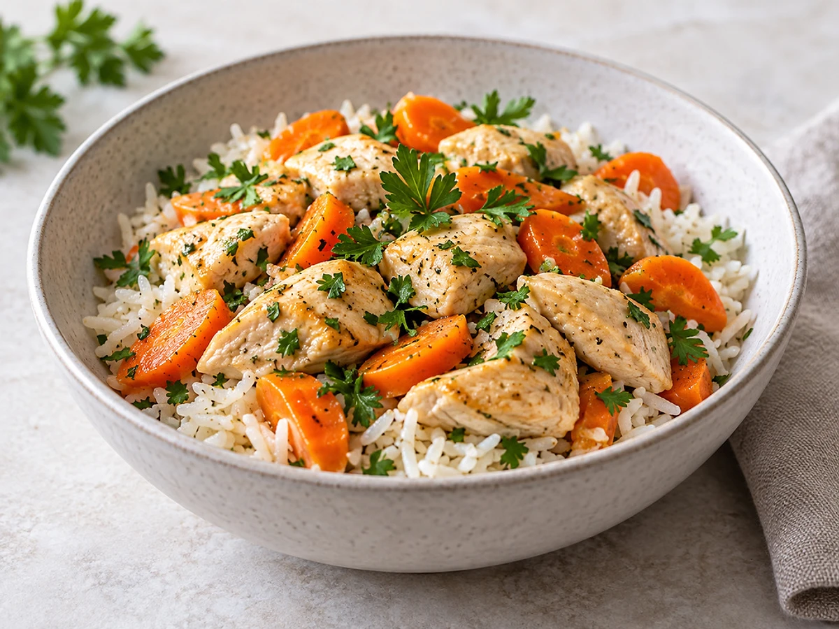 Bowl of white basmati rice with pale chicken pieces and orange carrot batons, scattered with parsley.