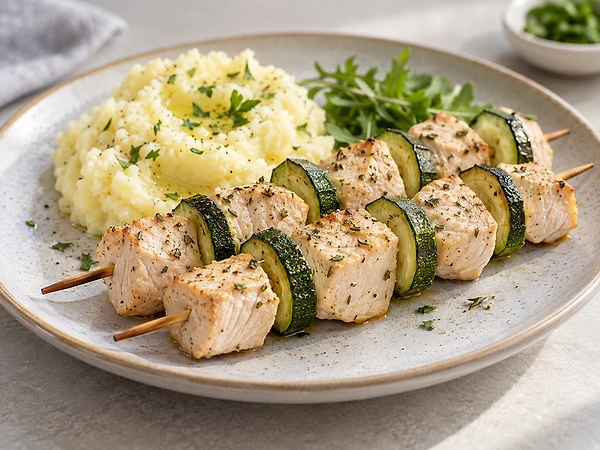 Oven-baked turkey and zucchini skewers beside creamy mashed potato on a plate