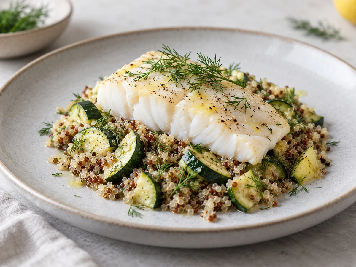 Steamed cod fillet on quinoa with diced zucchini, sprinkled with dill.