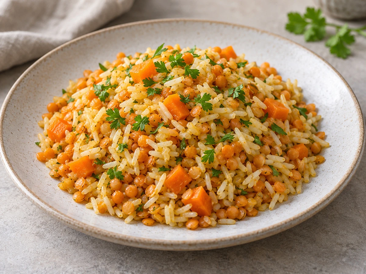 Plate of mild red lentils with diced carrot next to a serving of basmati rice.