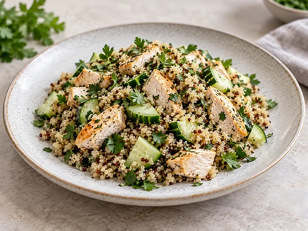 A lukewarm quinoa salad with chicken strips, diced cucumber and parsley in a bowl.
