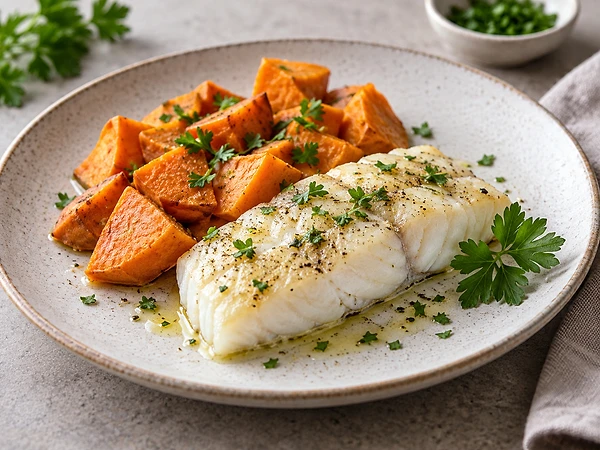 Pale pollock fillet beside golden sweet-potato wedges on a baking tray, sprinkled with parsley.