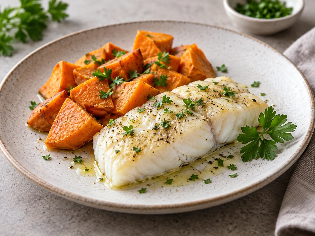 Pale pollock fillet beside golden sweet-potato wedges on a baking tray, sprinkled with parsley.