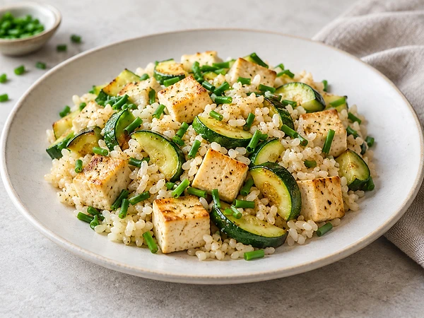 Pan of diced tofu, zucchini and rice scattered with chives