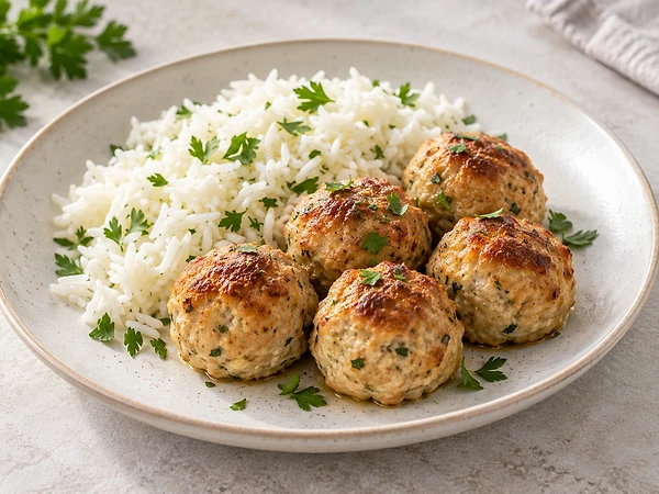 Baked turkey meatballs with parsley next to a portion of basmati rice.