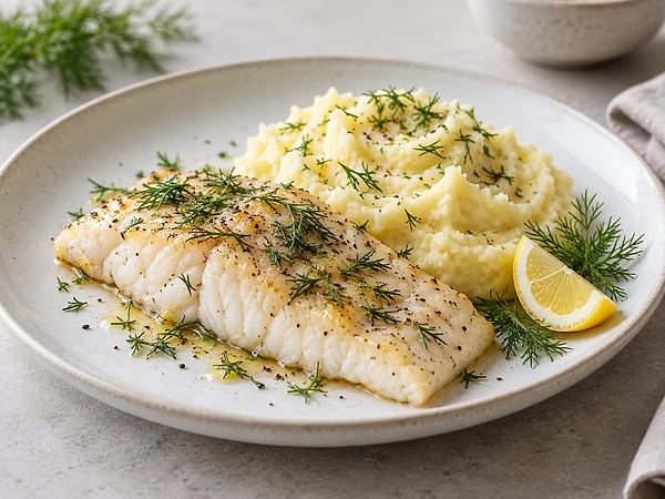 Tender pollock fillet on creamy mashed potato, sprinkled with dill.