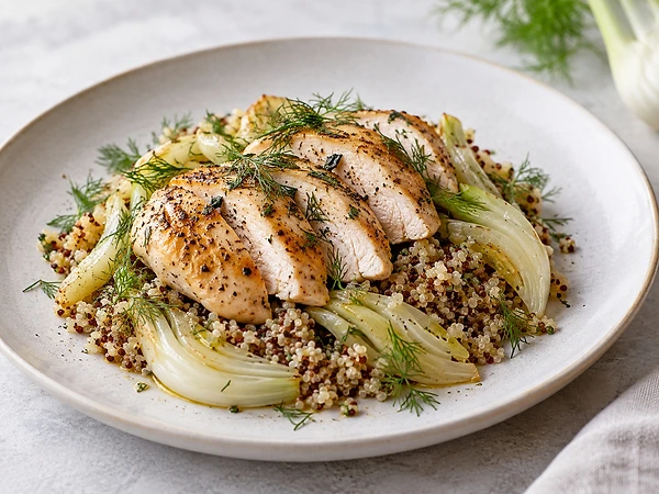 Sliced chicken breast over quinoa with soft-steamed fennel and dill on a plate.