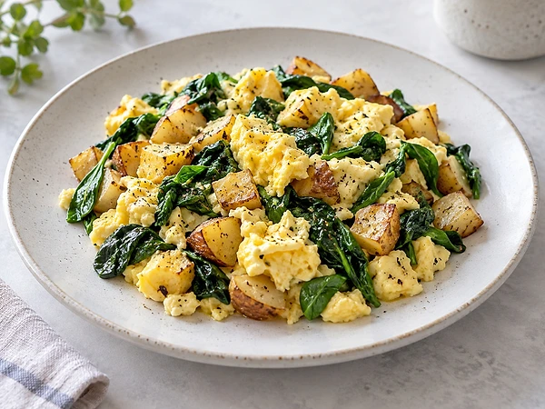 Pan of soft scrambled eggs with golden potato cubes and green leaf spinach.