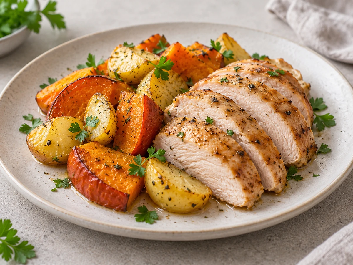 Baking tray of turkey pieces with pumpkin and potato wedges, topped with parsley