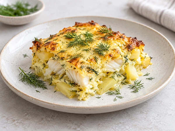 Cod and potato bake in a dish, sprinkled with dill.
