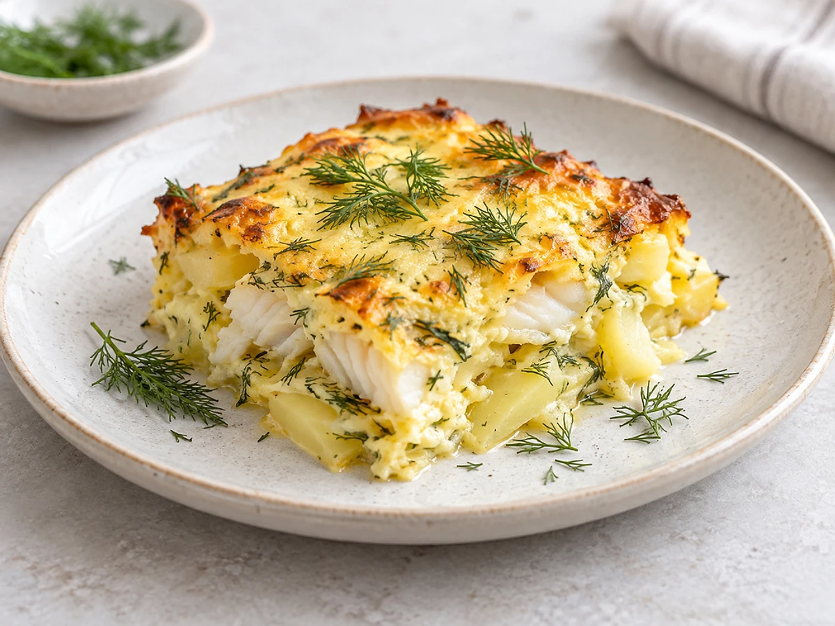 Cod and potato bake in a dish, sprinkled with dill.