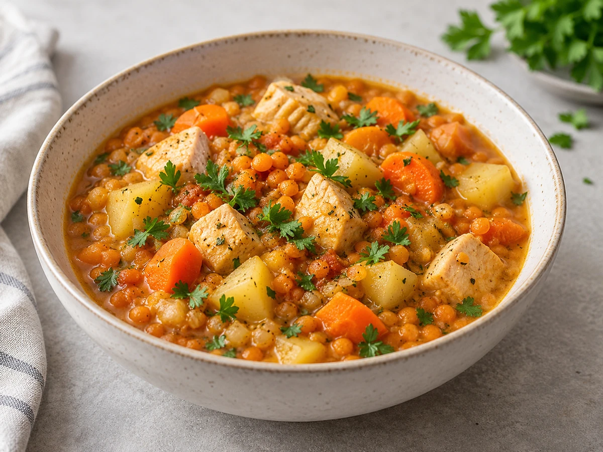 Hearty lentil and vegetable stew with pieces of chicken and parsley in a bowl.
