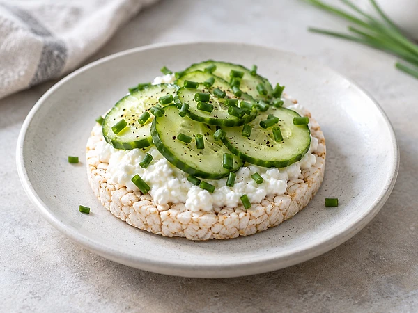 Two rice cakes topped with white cottage cheese, thin cucumber slices and chives.