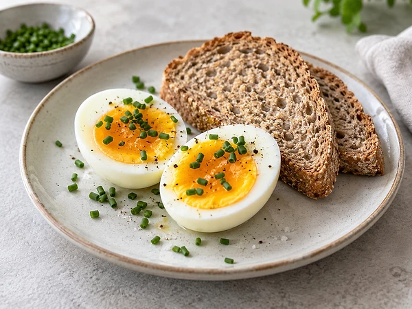 Two halved hard-boiled eggs with chives next to a slice of spelt bread.