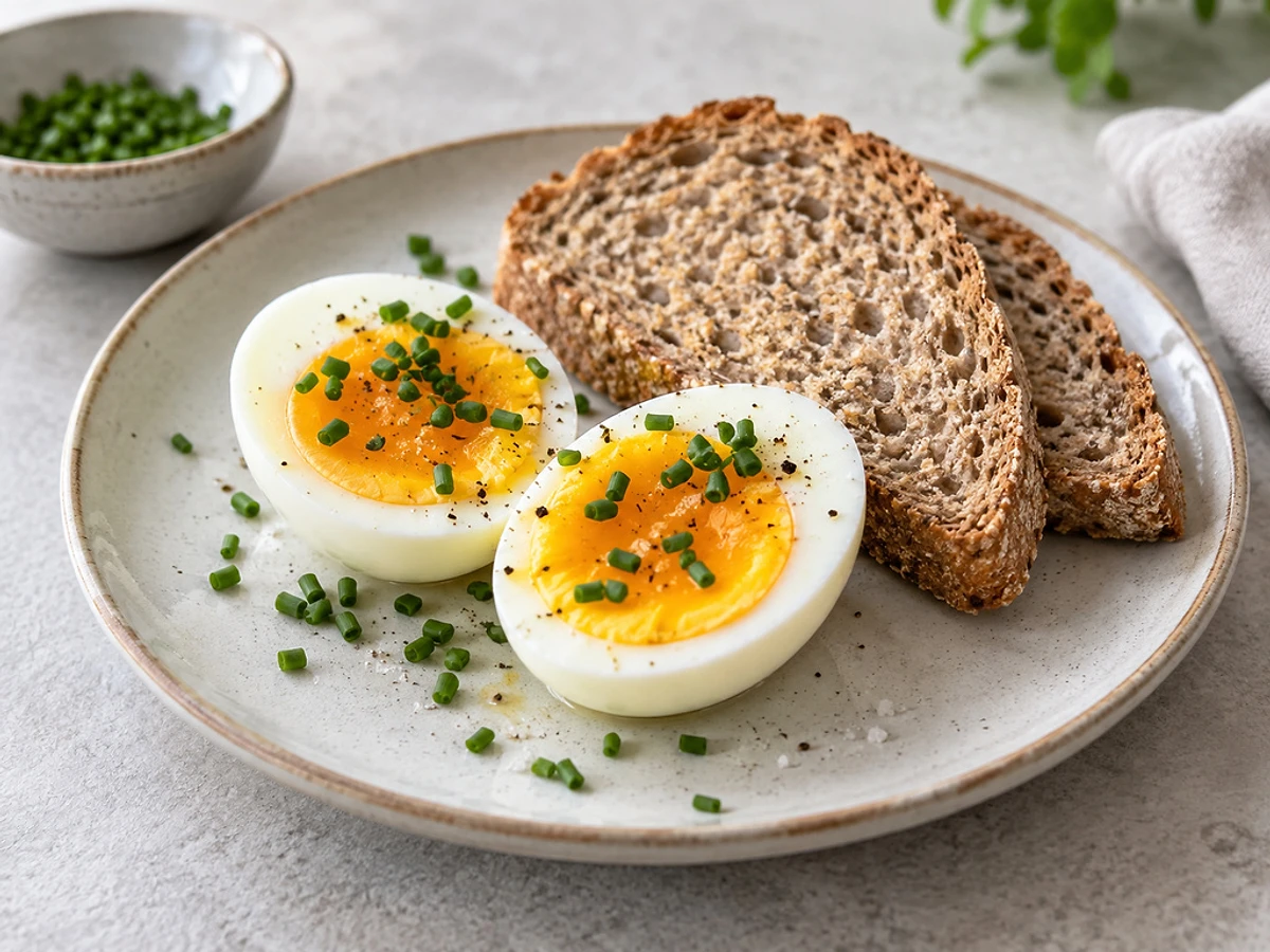 Two halved hard-boiled eggs with chives next to a slice of spelt bread.