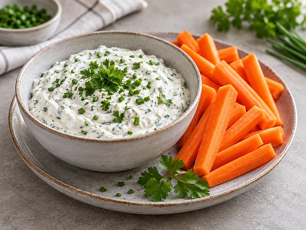 Small bowl of creamy quark dip with fresh herbs, surrounded by carrot sticks.
